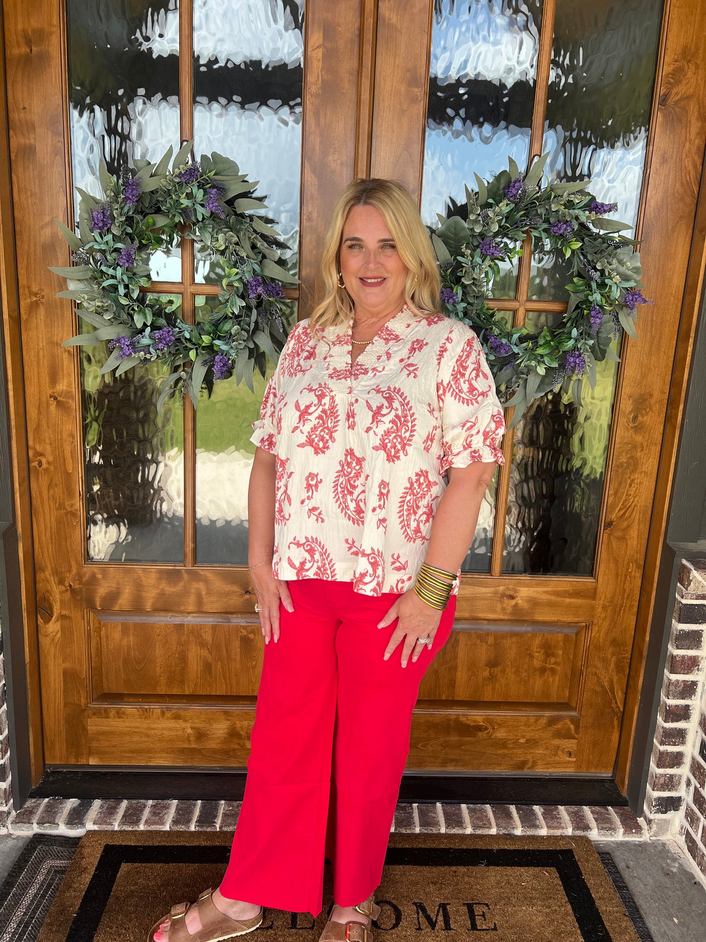 The Robin Paisley Print V-neck Ruffle Trim Top