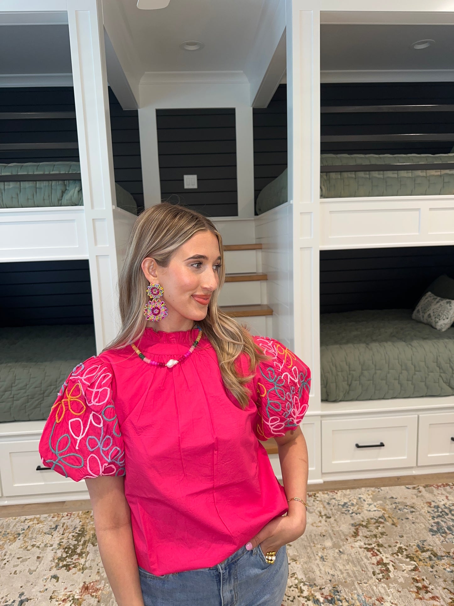 The Donna Pink Embroidered Puff Sleeve Top THML - Final Sale