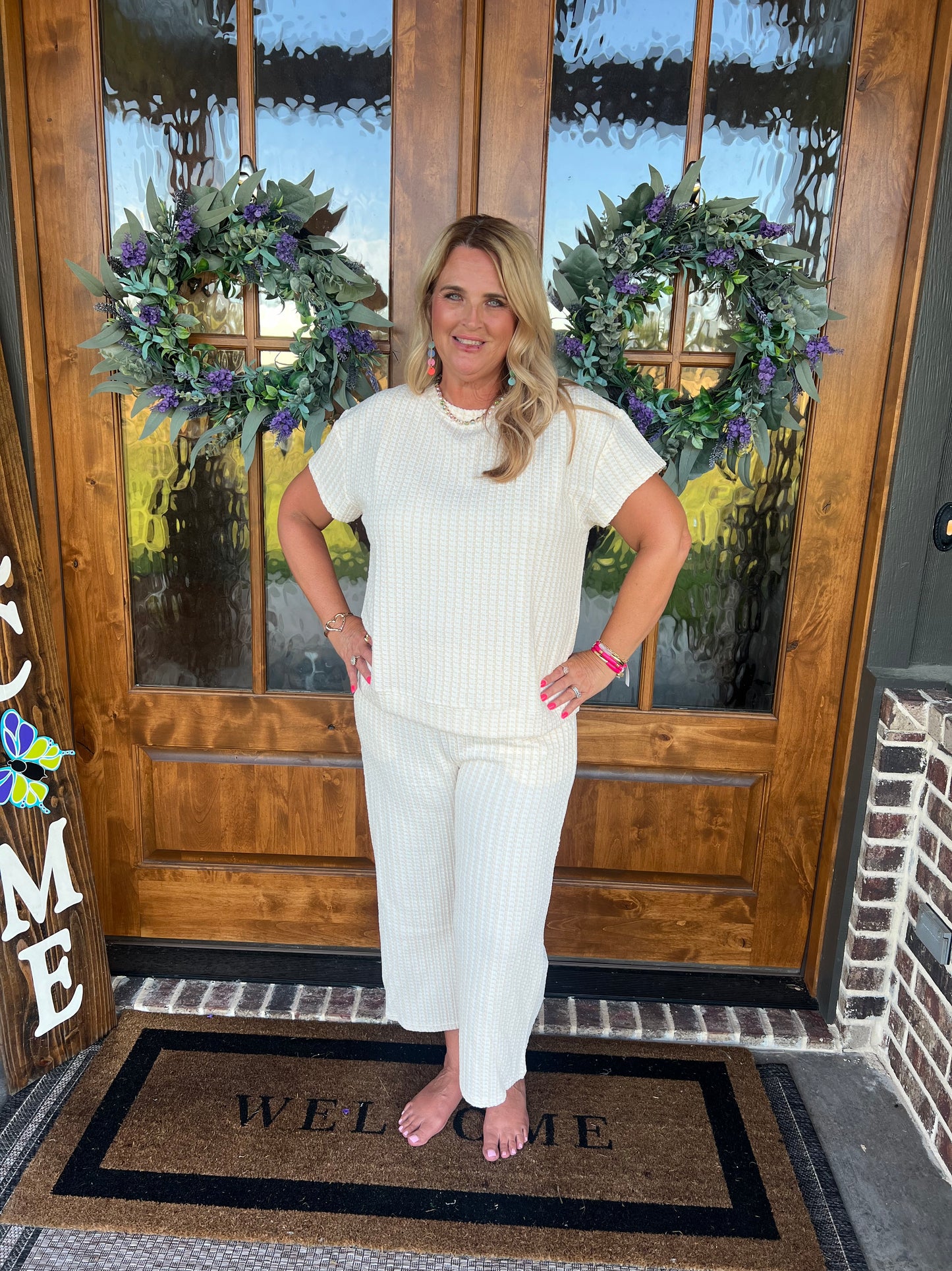 The Megan Cream Texture Pant Set