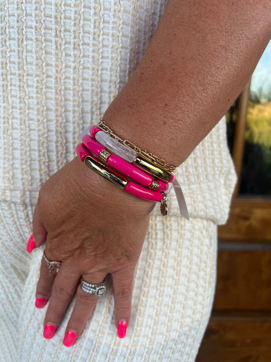 The Kathy Hot Pink With Clear Tube Bamboo Stretch Bracelet