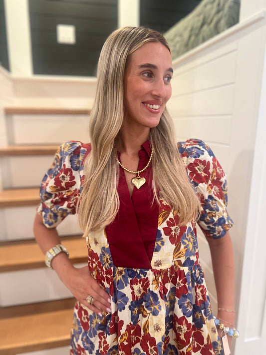 The Darla Burgundy Floral Print Midi Dress
