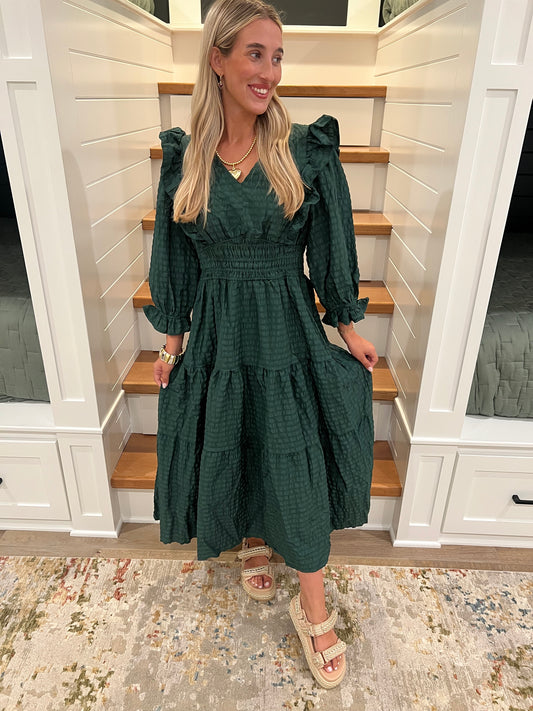 The Emmi Palm Green Smocked Tiered Maxi Dress with Puff Sleeves