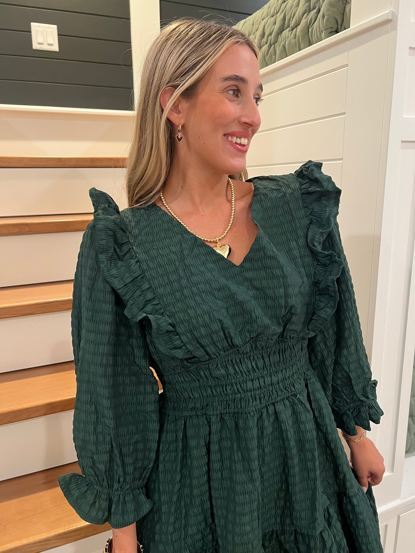The Emmi Palm Green Smocked Tiered Maxi Dress with Puff Sleeves