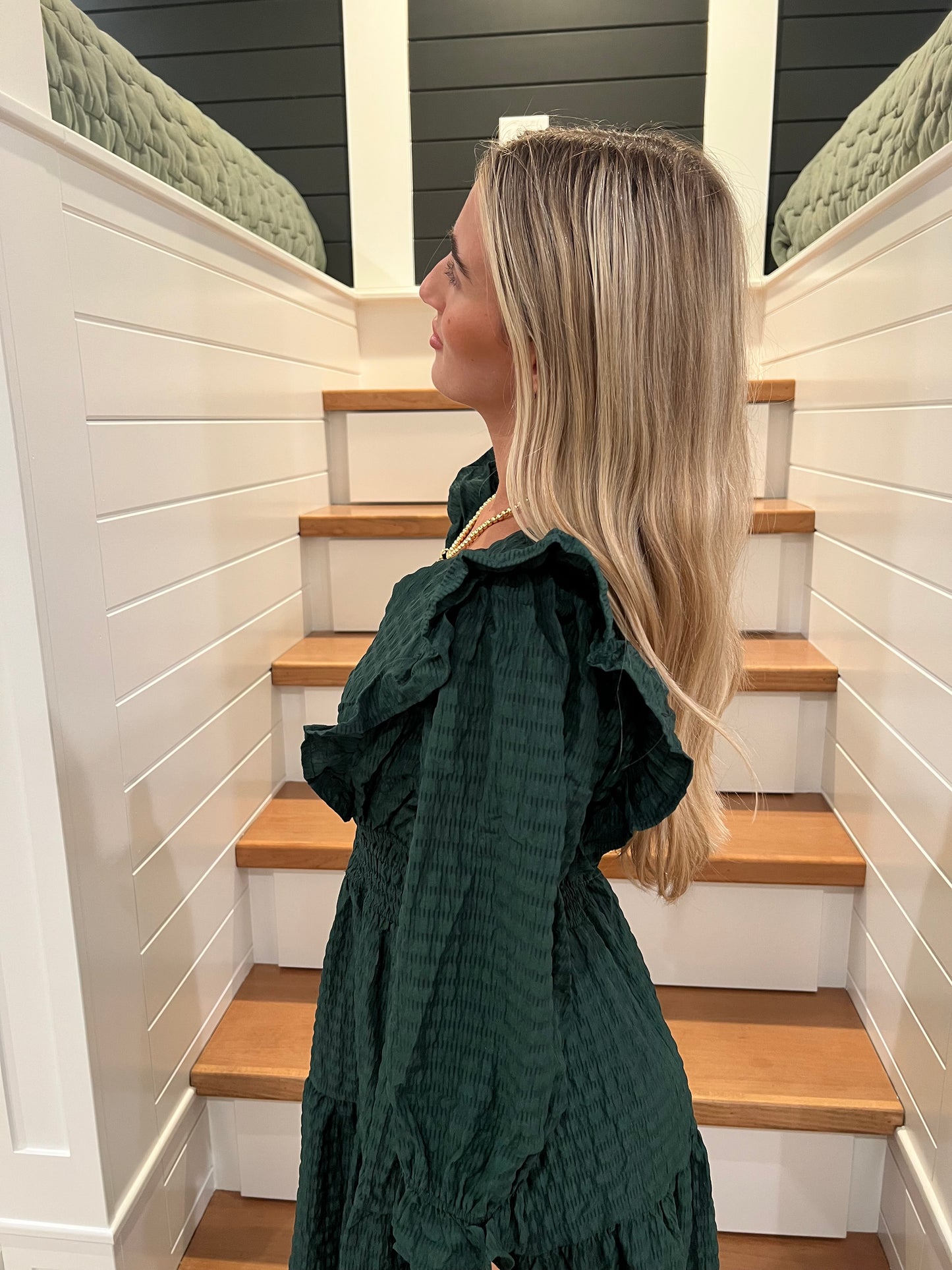 The Emmi Palm Green Smocked Tiered Maxi Dress with Puff Sleeves