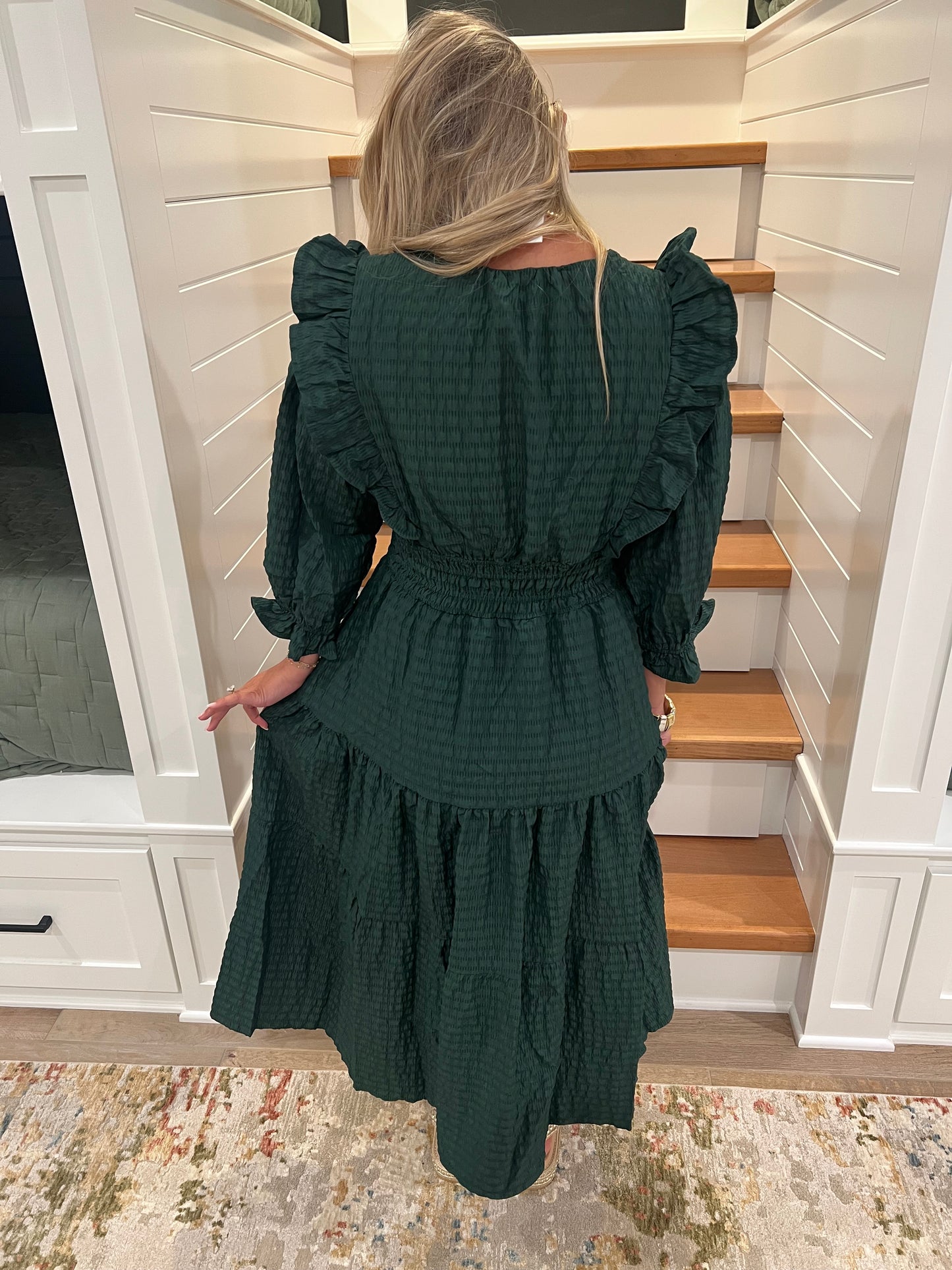 The Emmi Palm Green Smocked Tiered Maxi Dress with Puff Sleeves