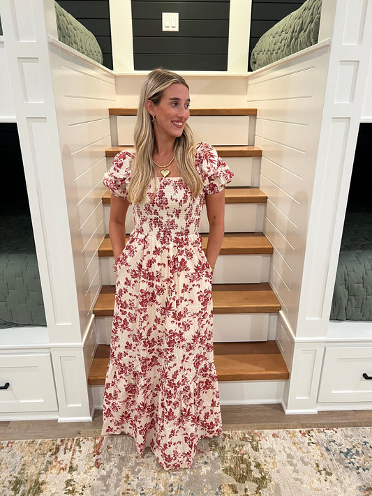 The Eden Puff Sleeve Berry Floral Smocked Maxi Dress