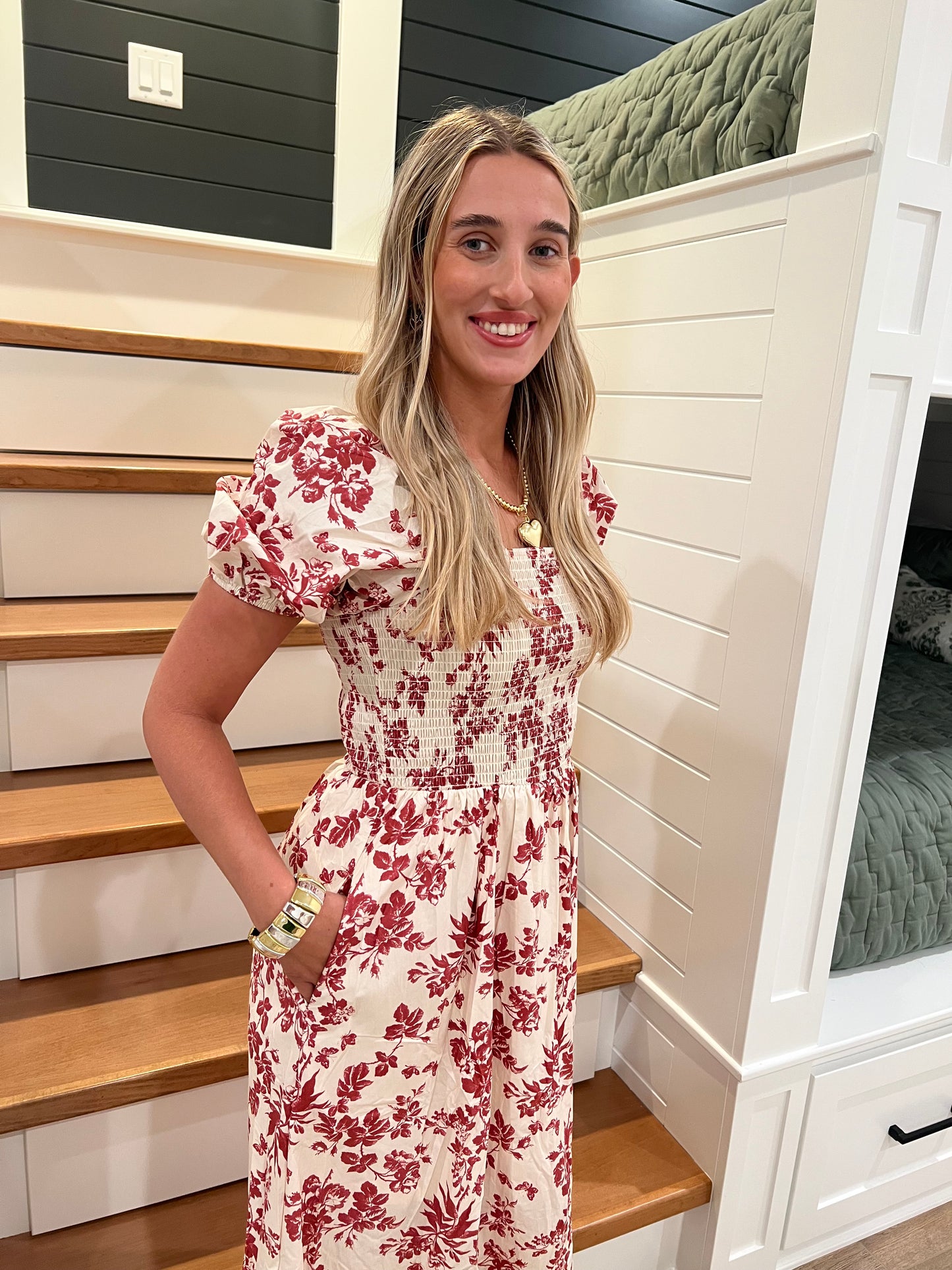The Eden Puff Sleeve Berry Floral Smocked Maxi Dress
