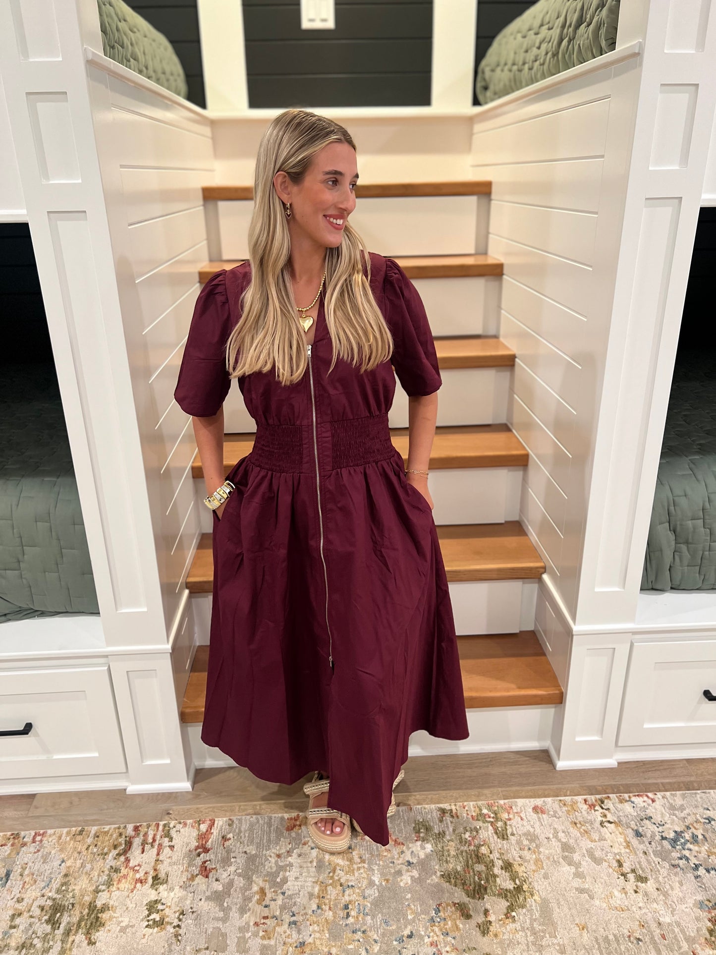 The Wrenley Plum Smocked Waist Front Zip Midi Dress
