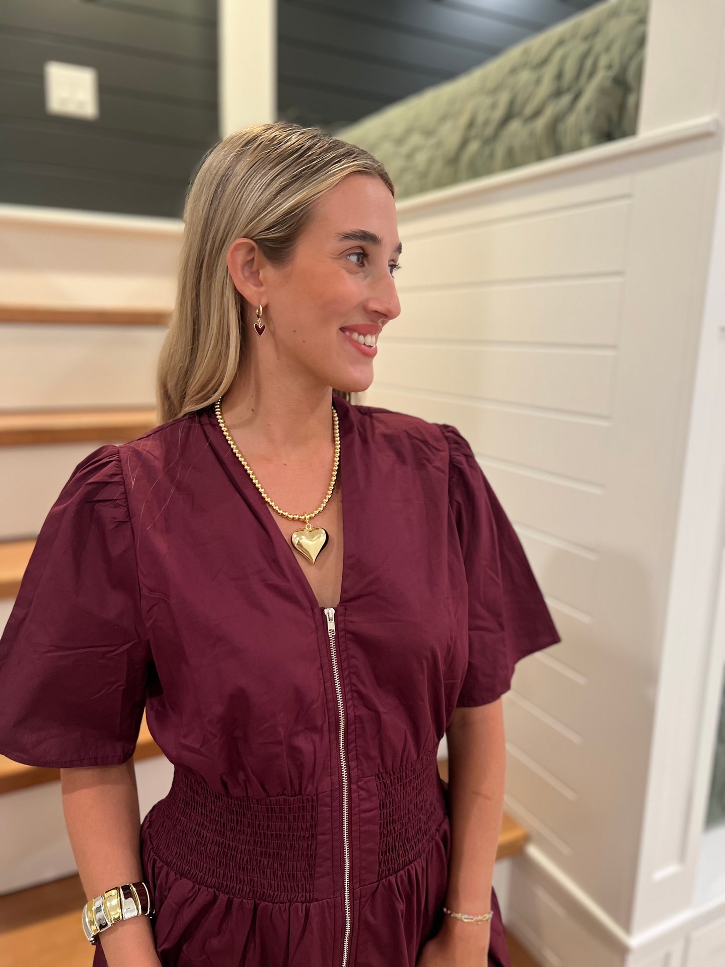 The Wrenley Plum Smocked Waist Front Zip Midi Dress