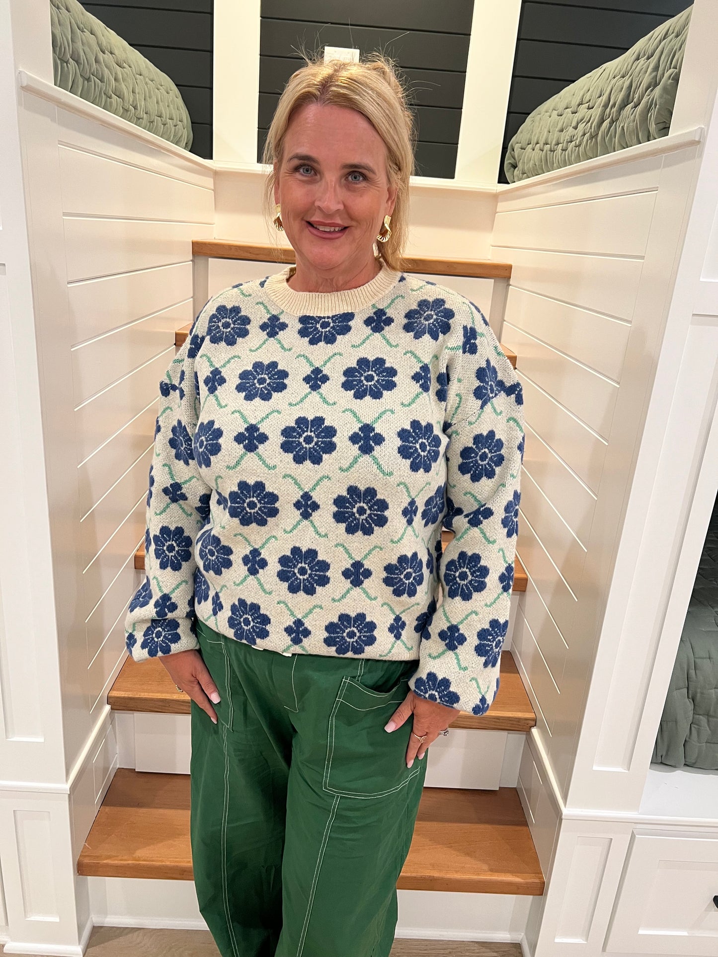The Raleigh Navy Mix Retro Floral Knit Sweater