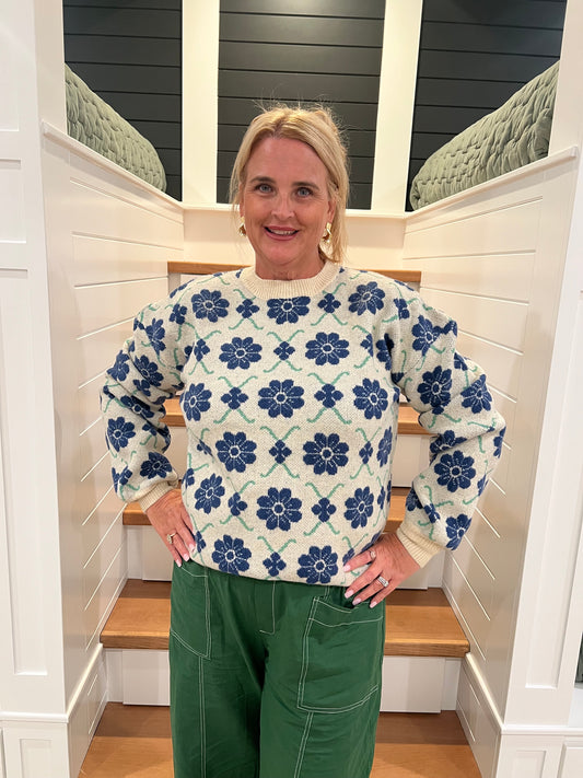 The Raleigh Navy Mix Retro Floral Knit Sweater