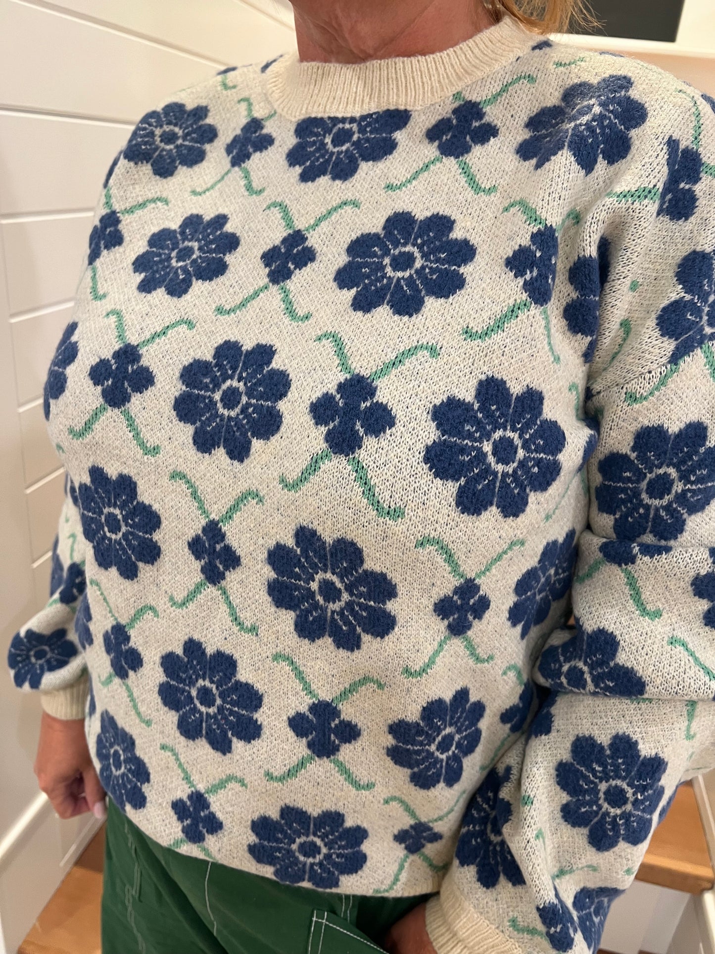The Raleigh Navy Mix Retro Floral Knit Sweater