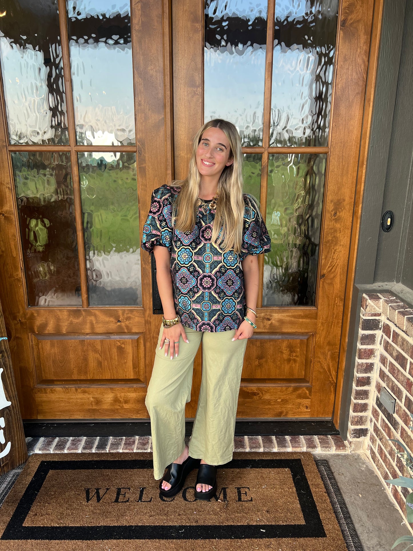 The Jan Puff Sleeve Mandala Jacqaurd Print Top