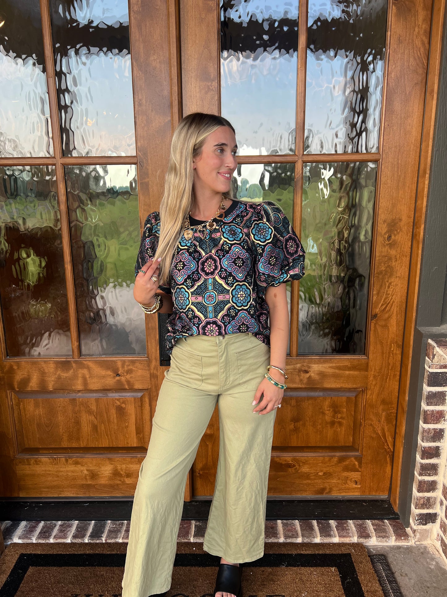 The Jan Puff Sleeve Mandala Jacqaurd Print Top