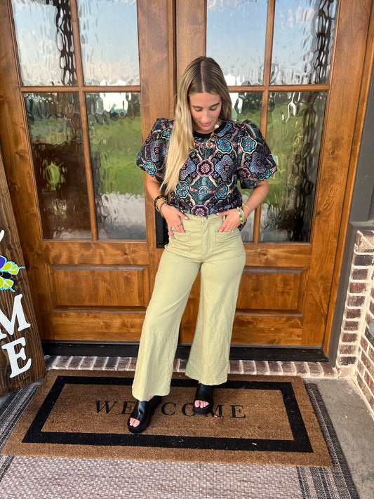 The Jan Puff Sleeve Mandala Jacqaurd Print Top