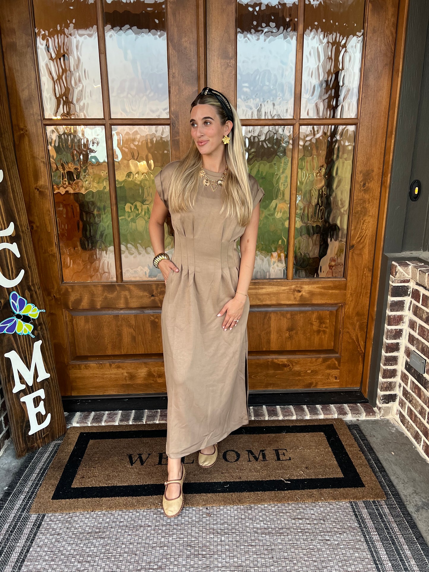 The Cami Camel Pleated Midi Dress