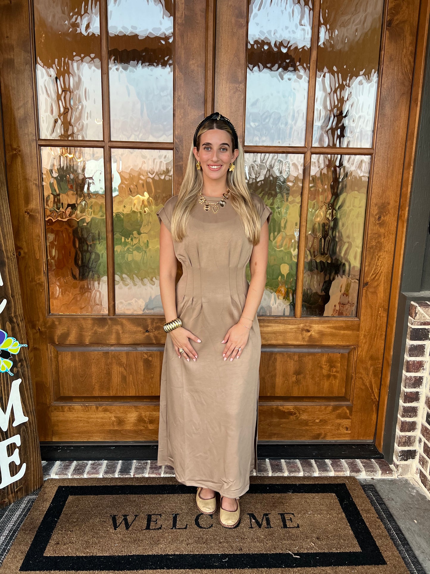 The Cami Camel Pleated Midi Dress