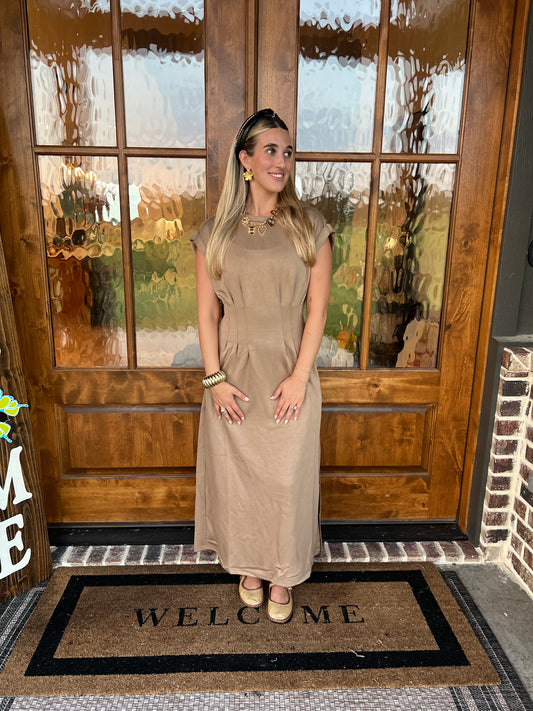 The Cami Camel Pleated Midi Dress