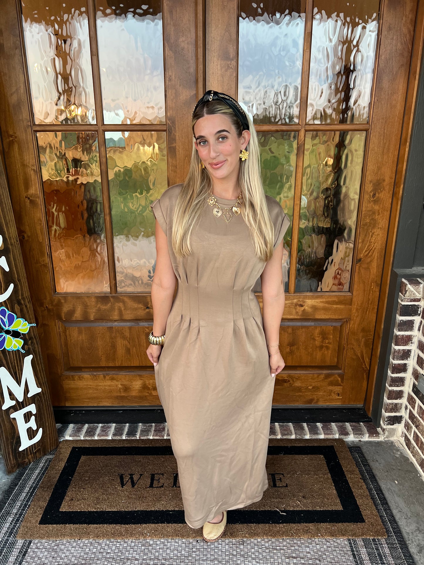 The Cami Camel Pleated Midi Dress