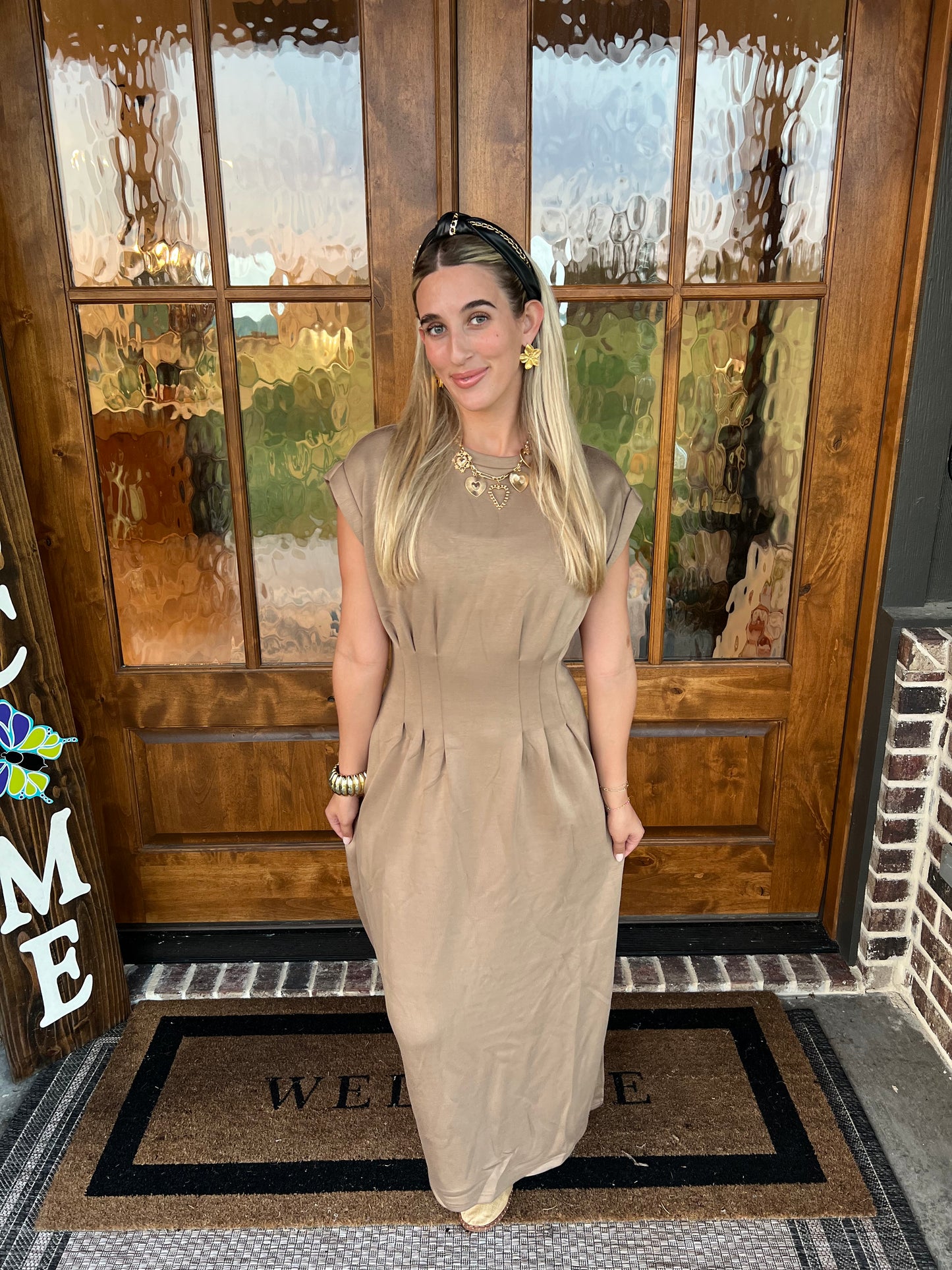 The Cami Camel Pleated Midi Dress
