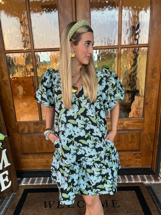 The Holli Blue Botanical Print Puff Sleeve Mini Dress