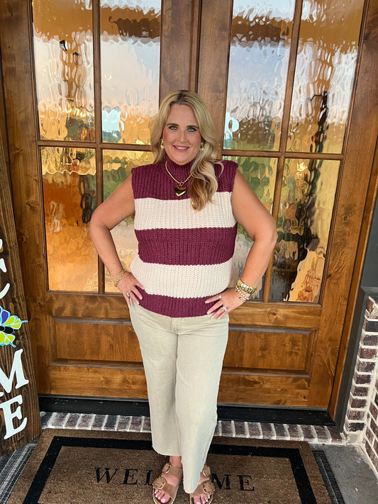 The Mary Sleeveless Wine Mock Neck Sweater