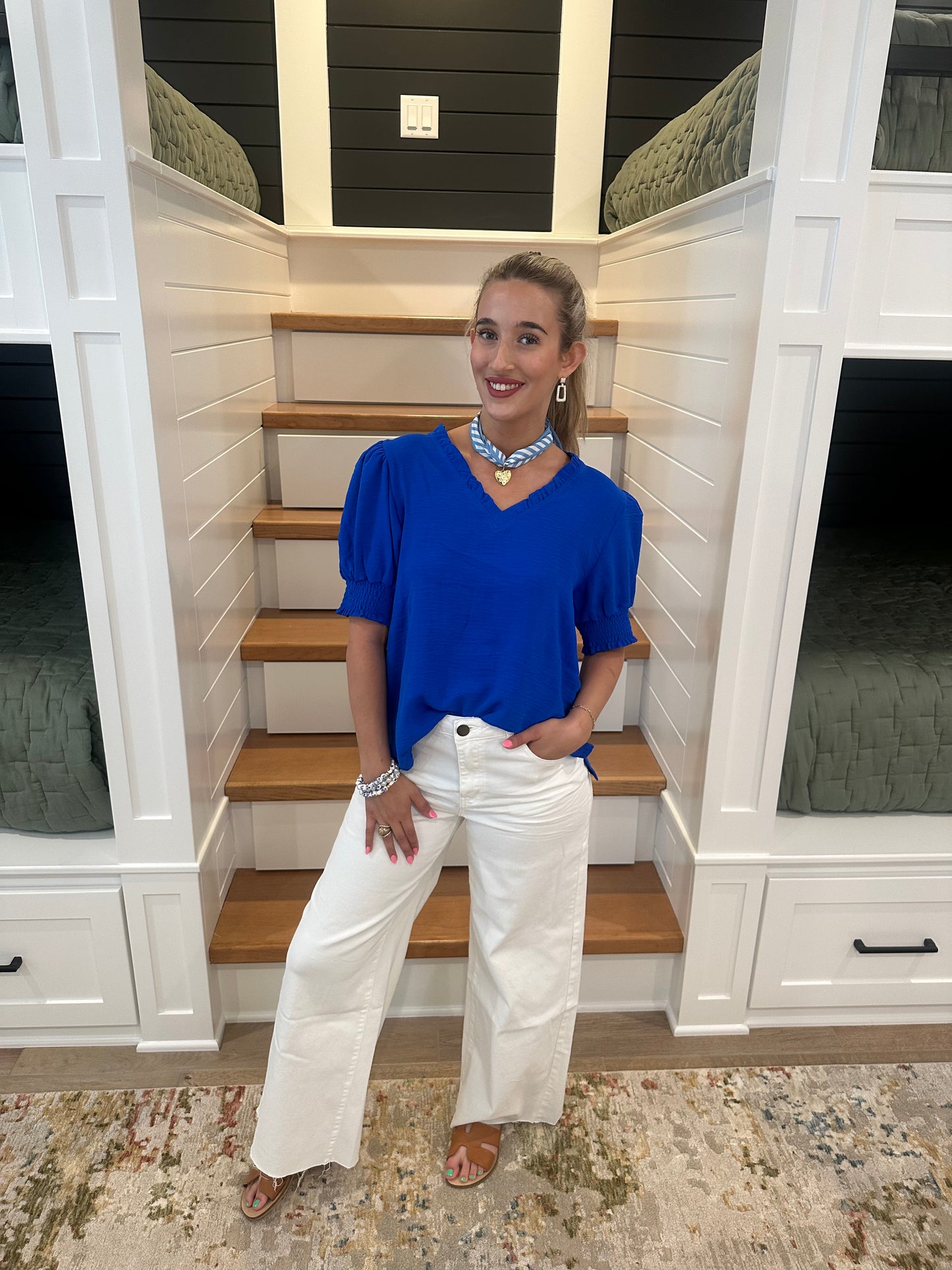 The Lisa Royal Puff Sleeve V-neck Top