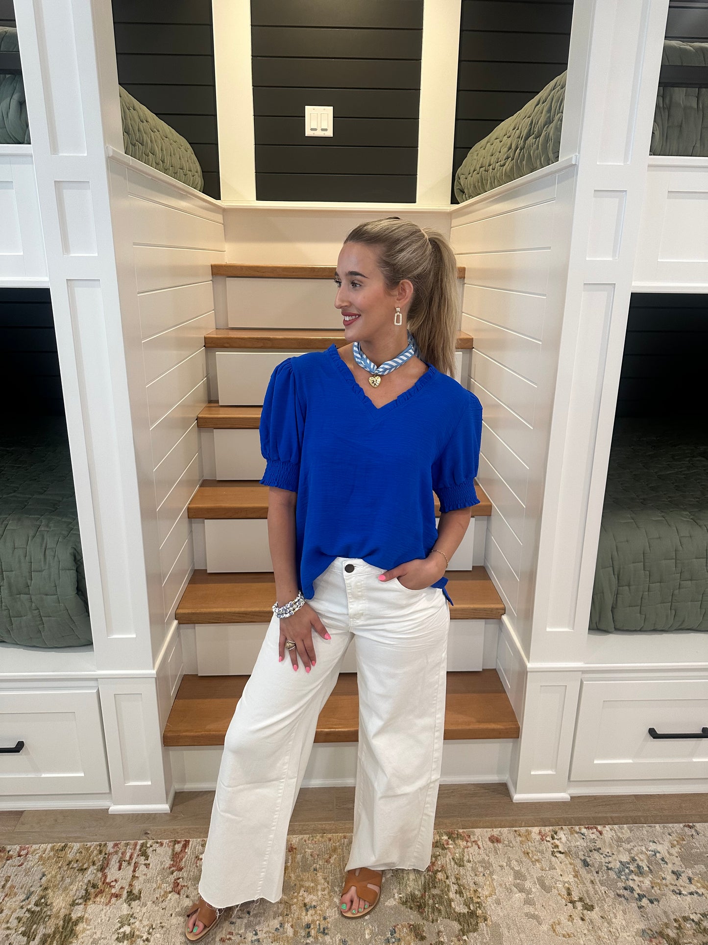 The Lisa Royal Puff Sleeve V-neck Top