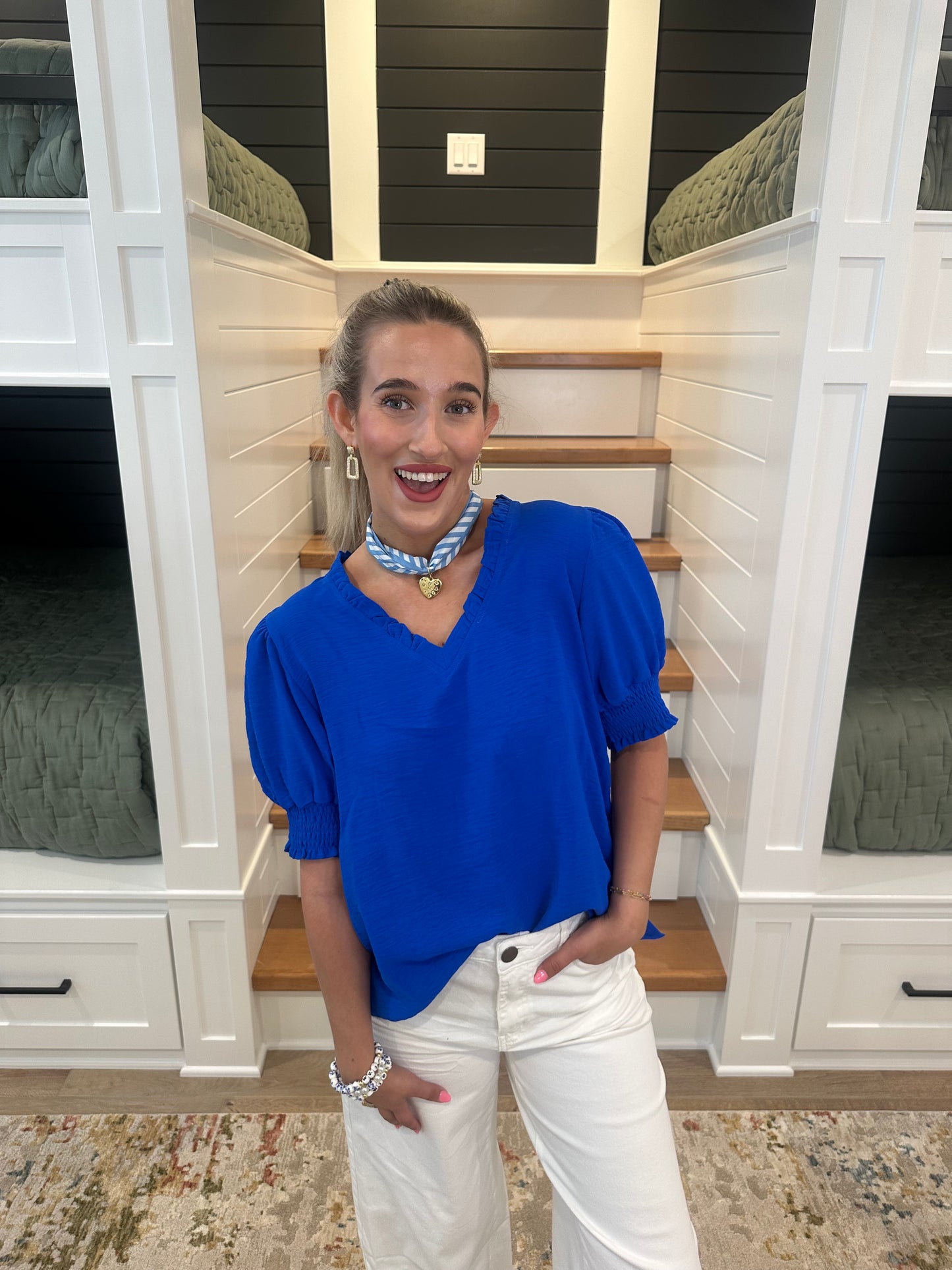 The Lisa Royal Puff Sleeve V-neck Top
