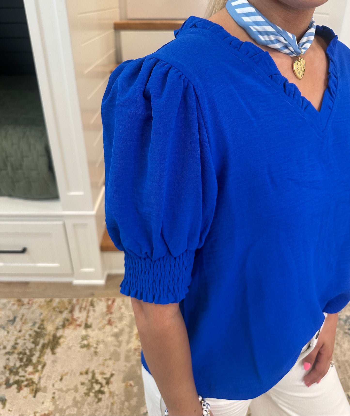 The Lisa Royal Puff Sleeve V-neck Top