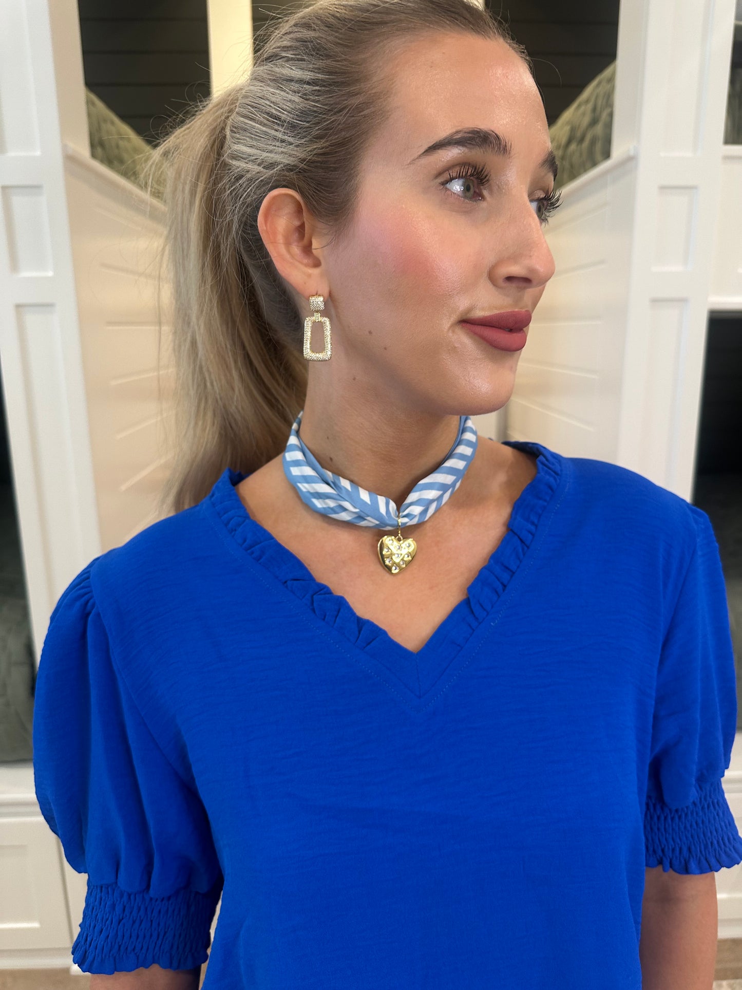 The Lisa Royal Puff Sleeve V-neck Top
