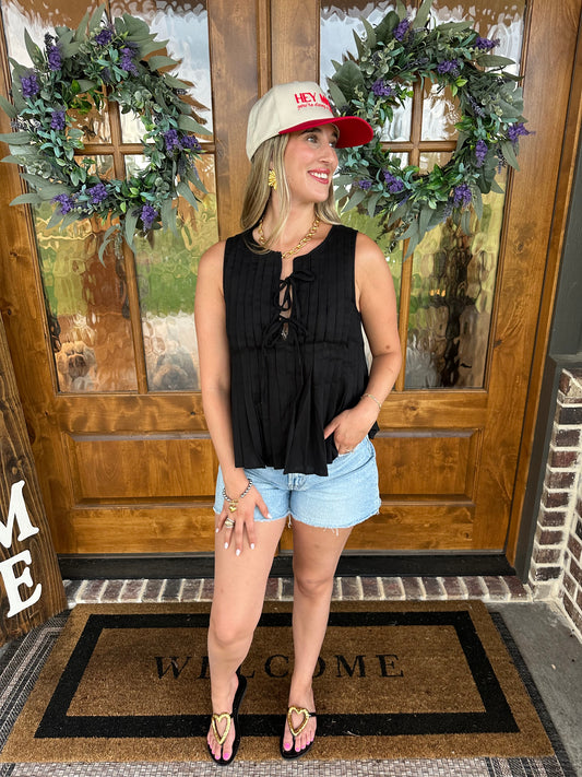 The Harper Black Pleated Woven Blouse Top with Front Tie