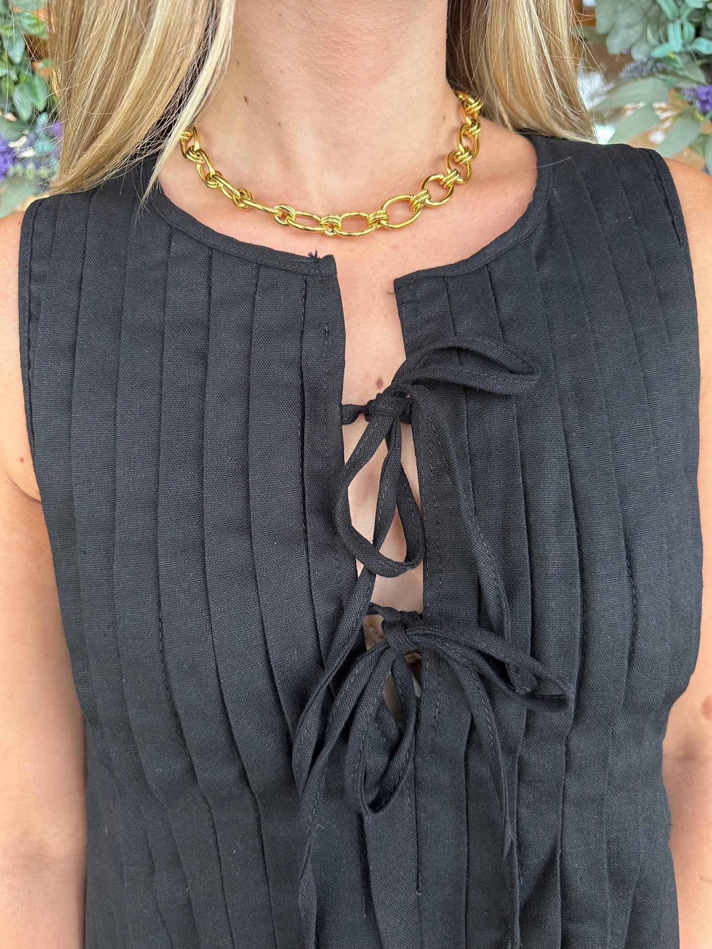 The Harper Black Pleated Woven Blouse Top with Front Tie