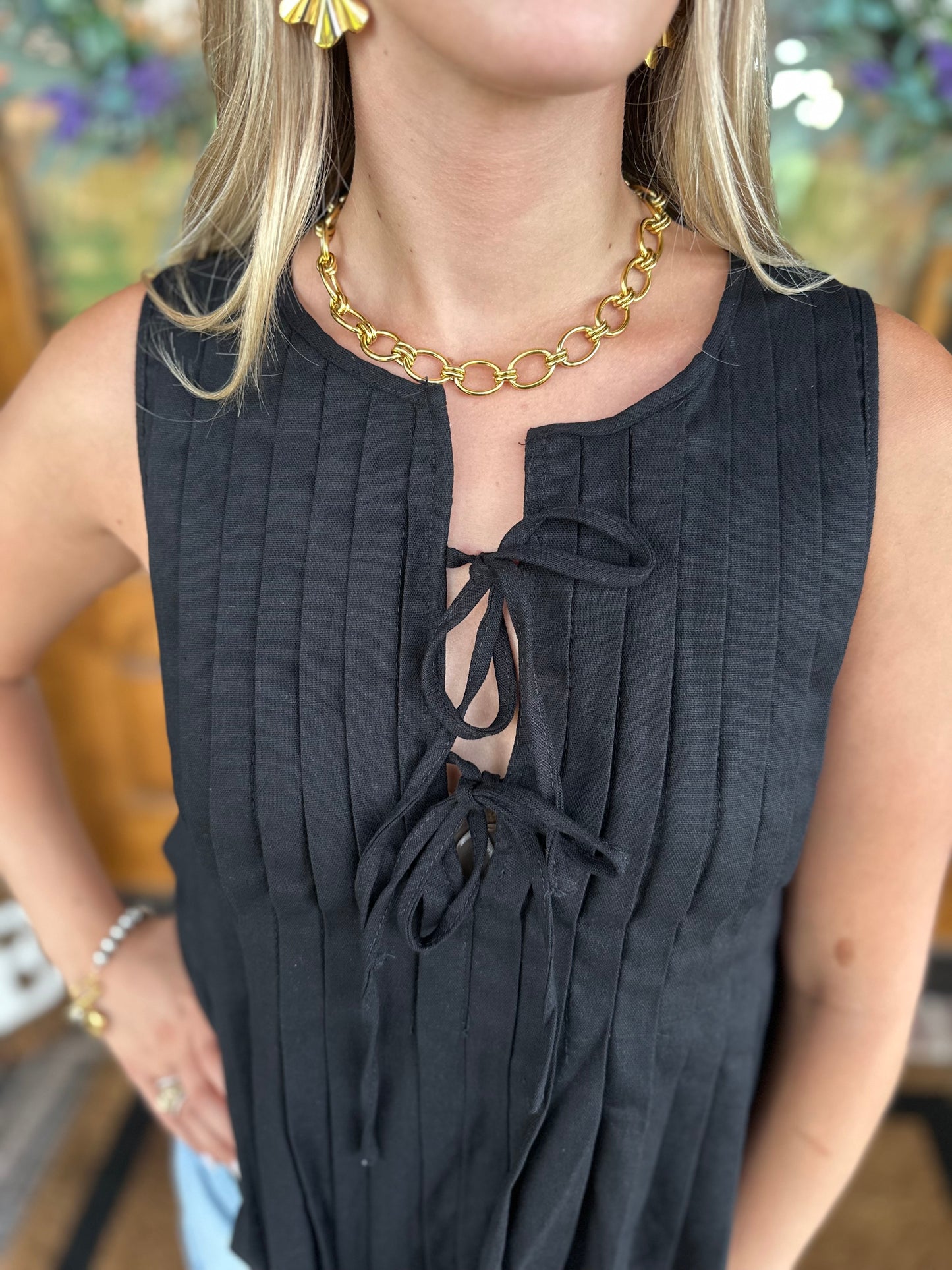 The Harper Black Pleated Woven Blouse Top with Front Tie