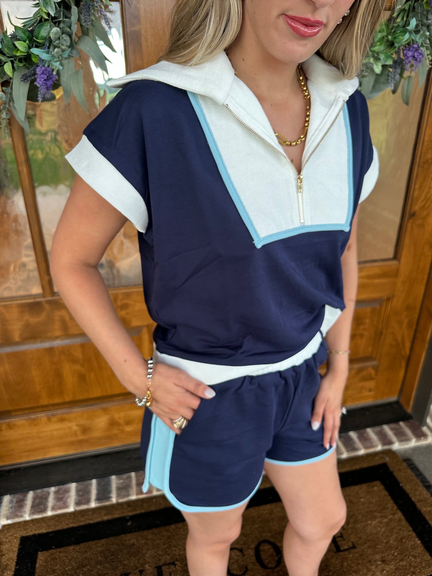 The Savannah Navy Zip Up Short Set