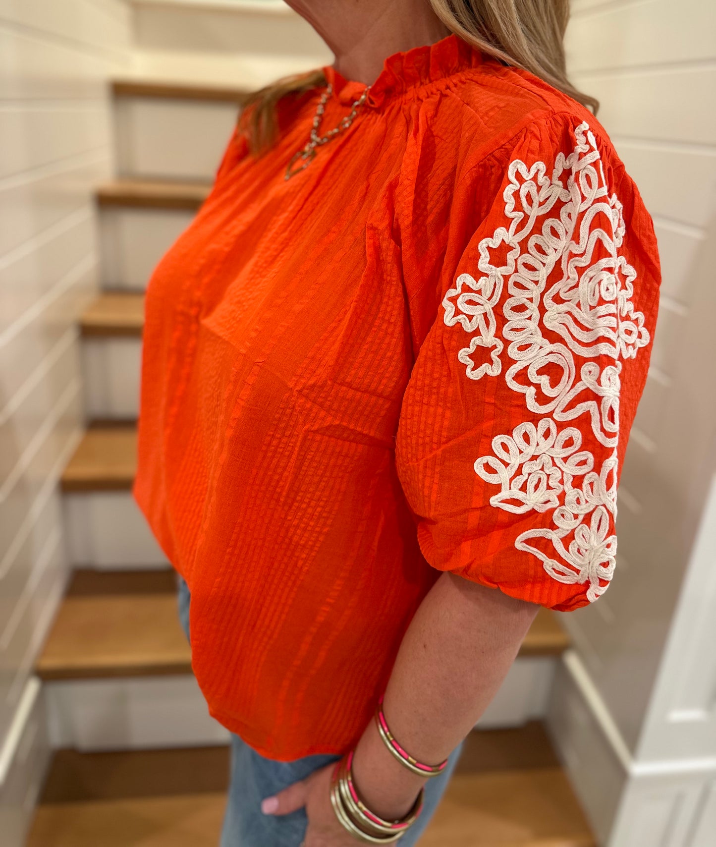 The Rachel THML Embroidered Sleeve Top - Final Sale