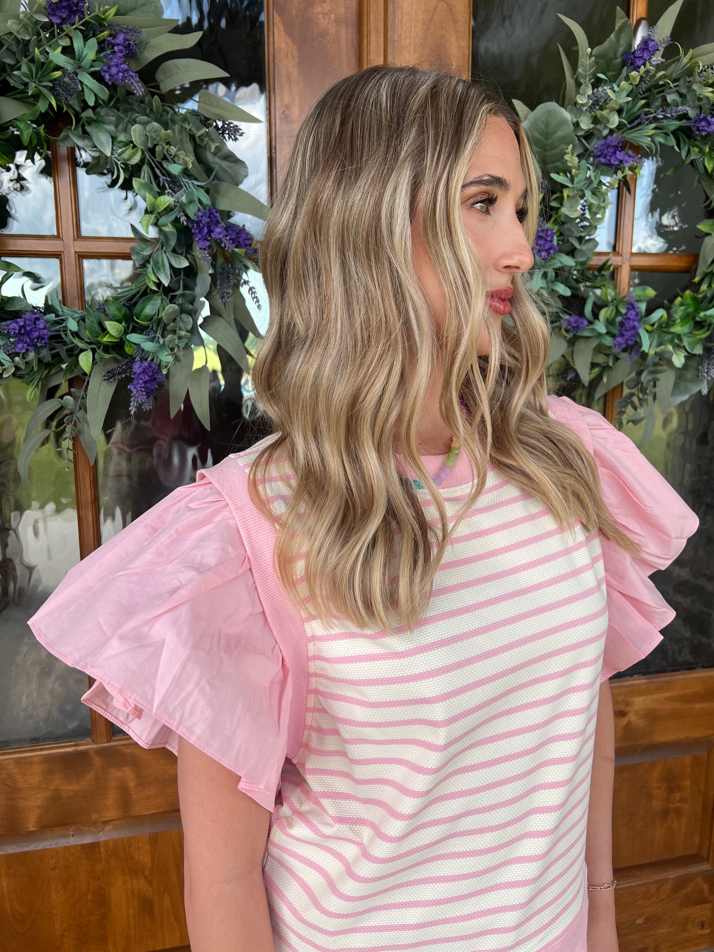 The Jenna Pink Striped Ruffly Sleeve Top