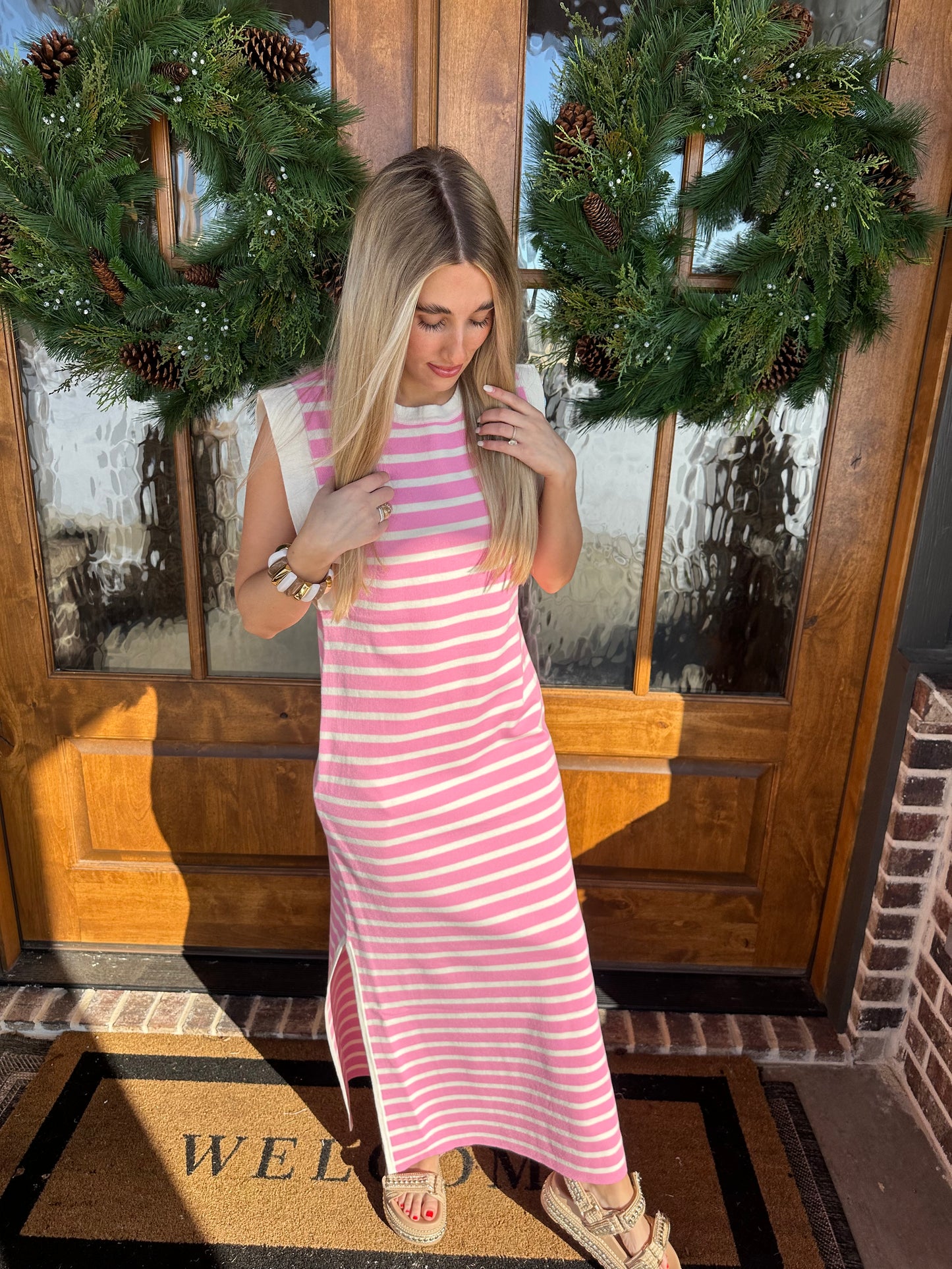 The Harper Pink Striped Sleeveless Maxi Dress