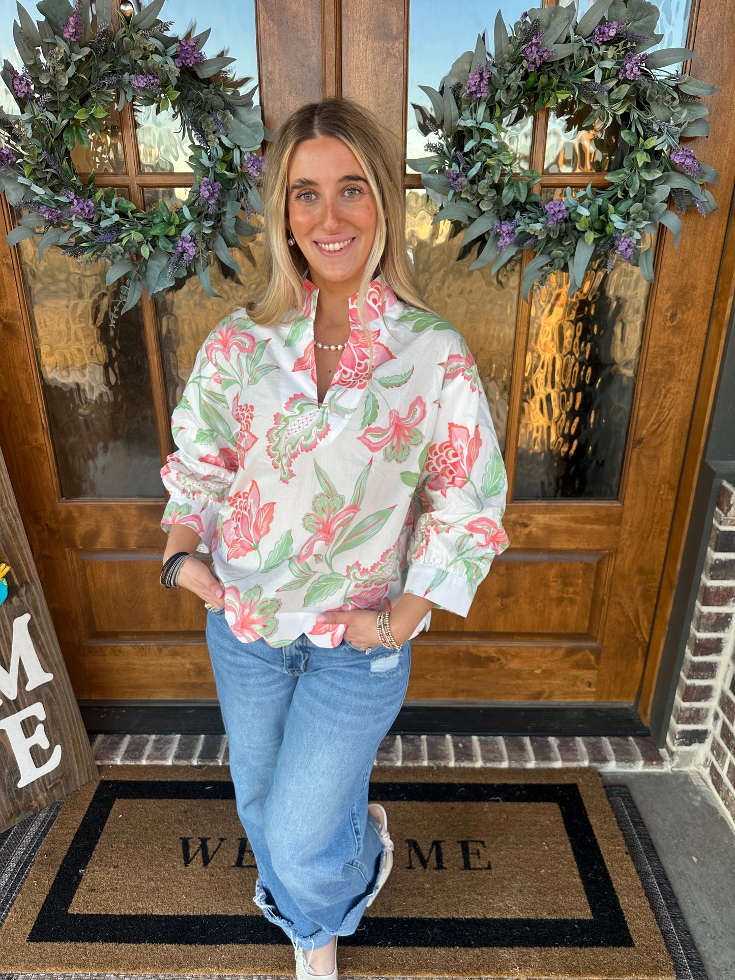 The Allie Peach Floral Scallop Top