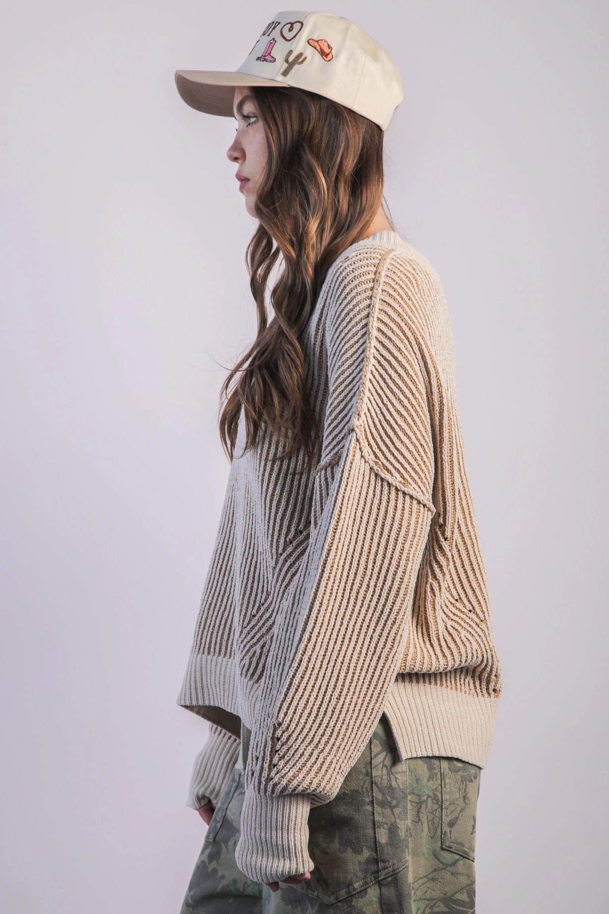 The Shauna Cream Oversized Two Tone Knit Casual Sweater Top