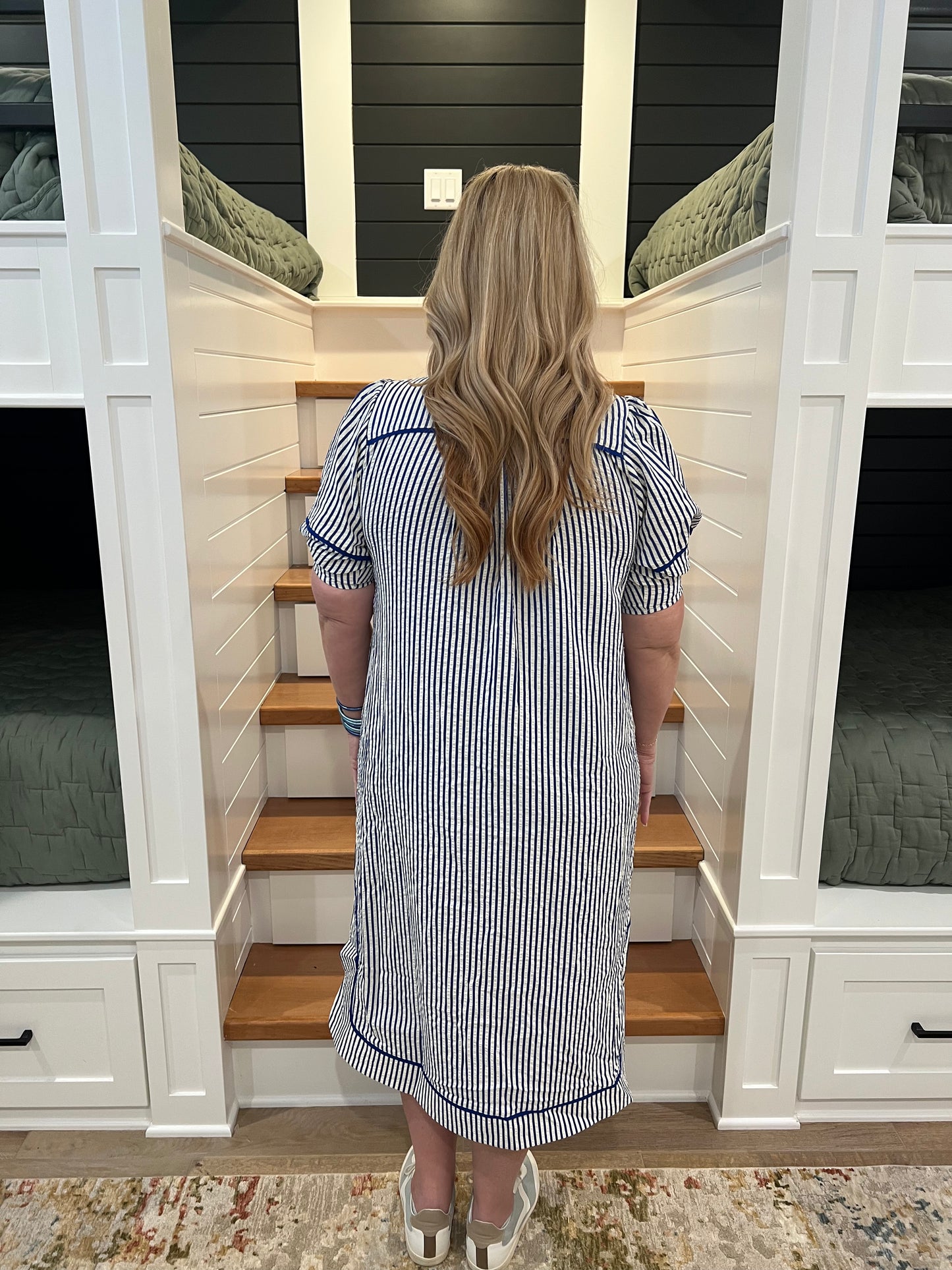 The Mia Blue Striped Midi Dress with Puff Sleeves