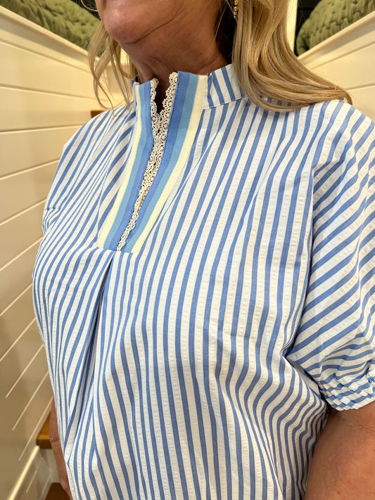 The Livy Blue Stripe Lace Trim Pleated V-Neck Top
