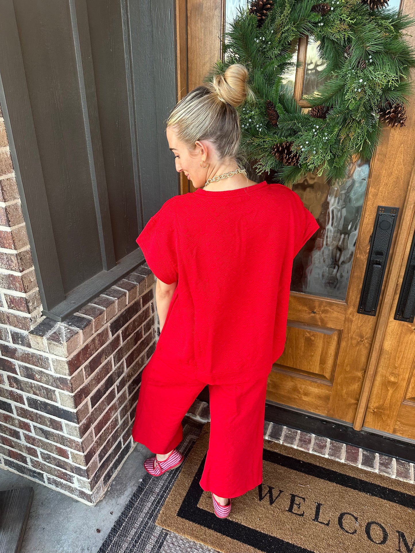 The Sawyer Red Heart Textured Short Sleeve Lounge Set