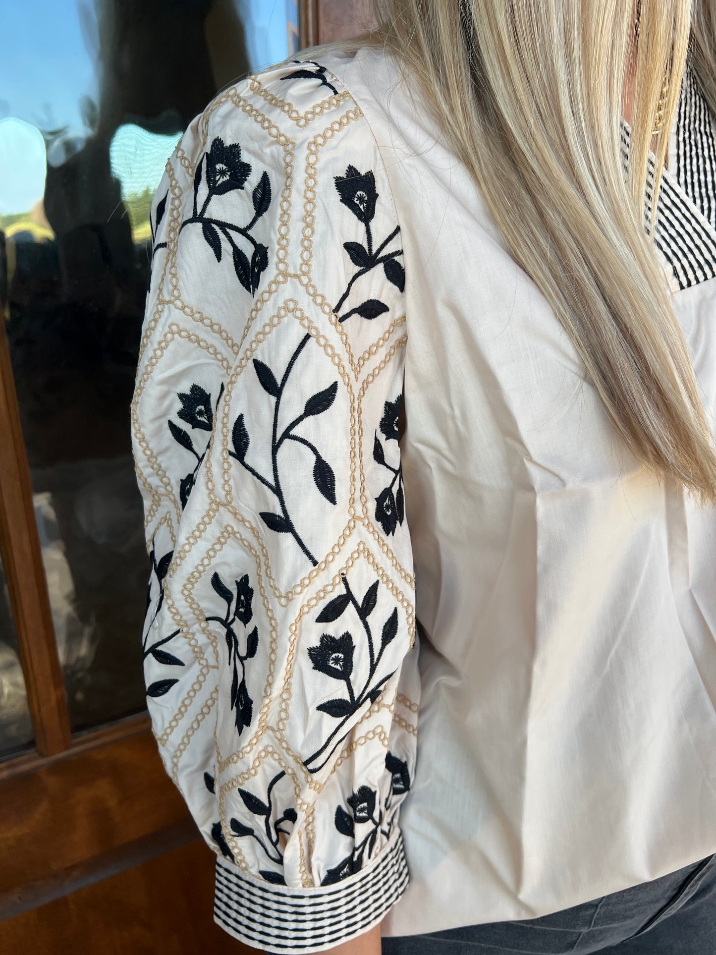 The Julie Ecru Top With Black Embroidery