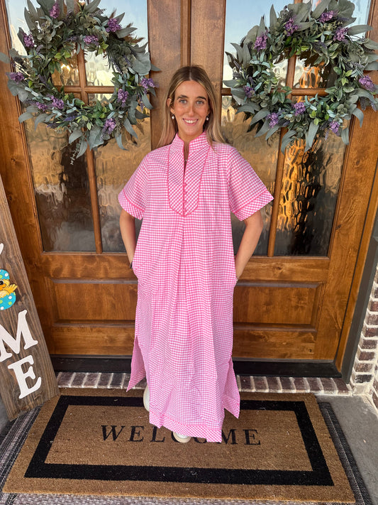 The Chloe Pink Gingham Midi Dress