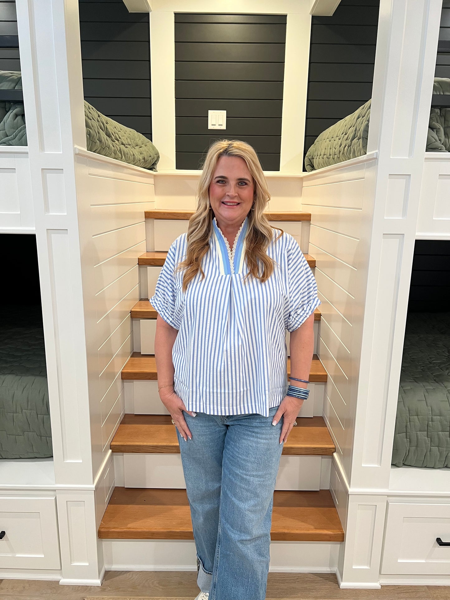 The Livy Blue Stripe Lace Trim Pleated V-Neck Top