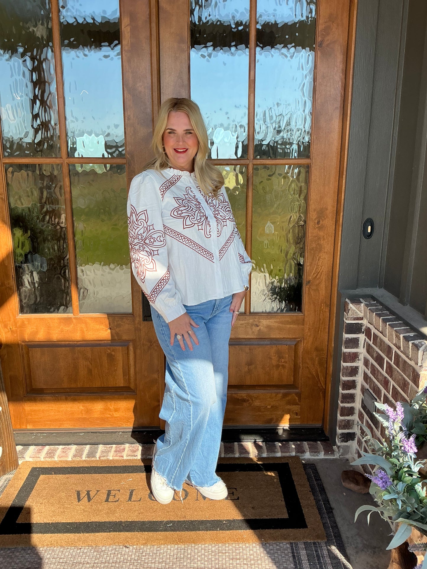 The Haley Embroidered Mock Neck Button Up Top