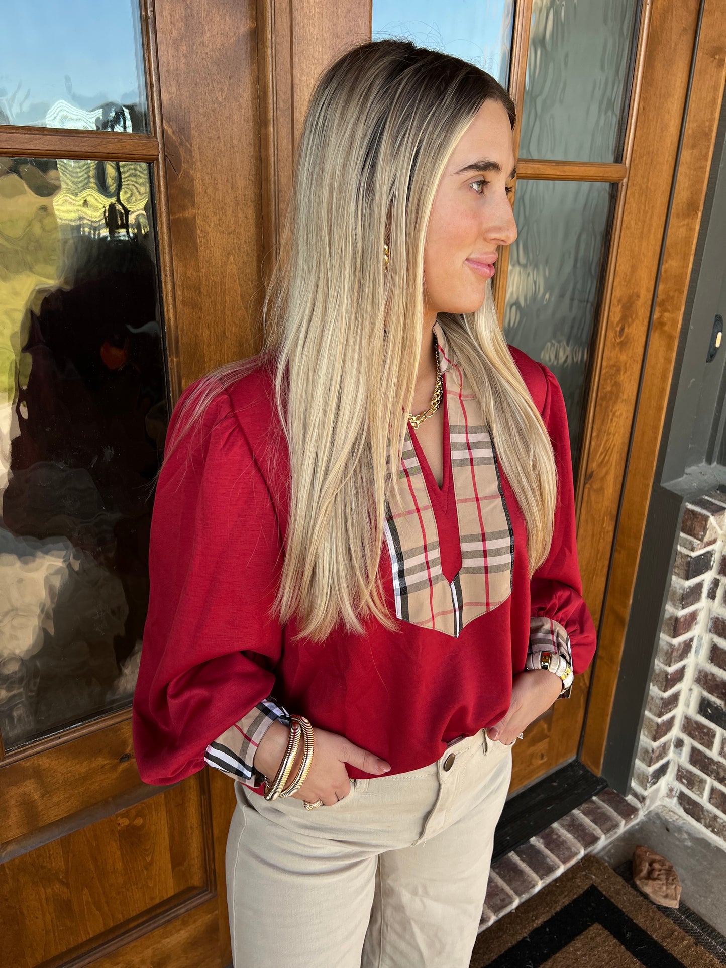 The Rachel Red Long Puff Sleeve With Plaid Accent