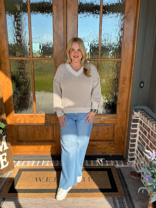 The Shauna Cream Oversized Two Tone Knit Casual Sweater Top