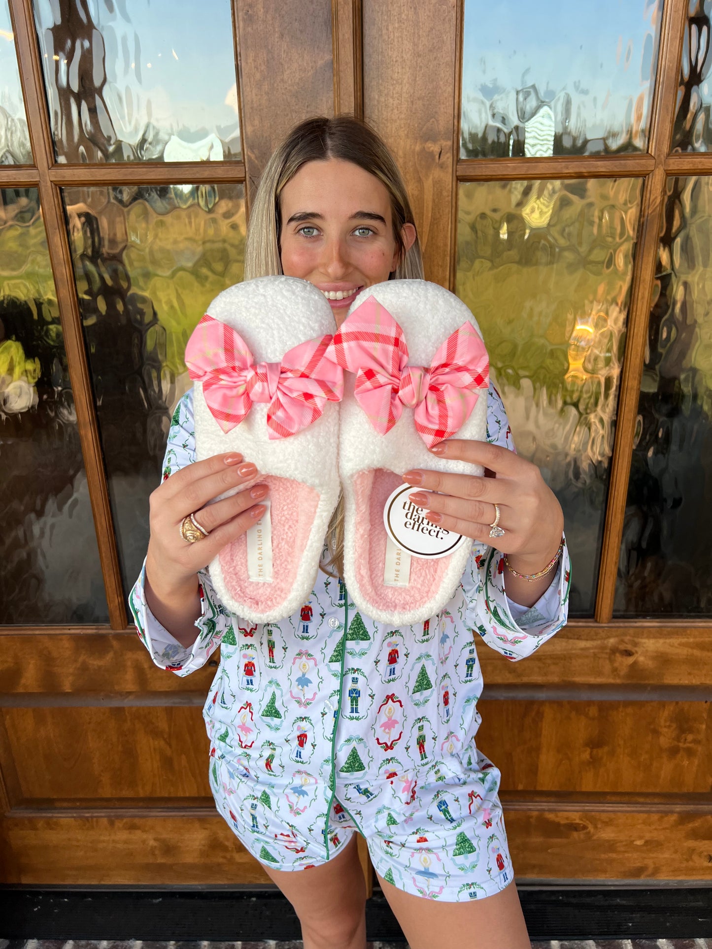 The Fuzzy Cream With Pink Plaid Bow Slippers